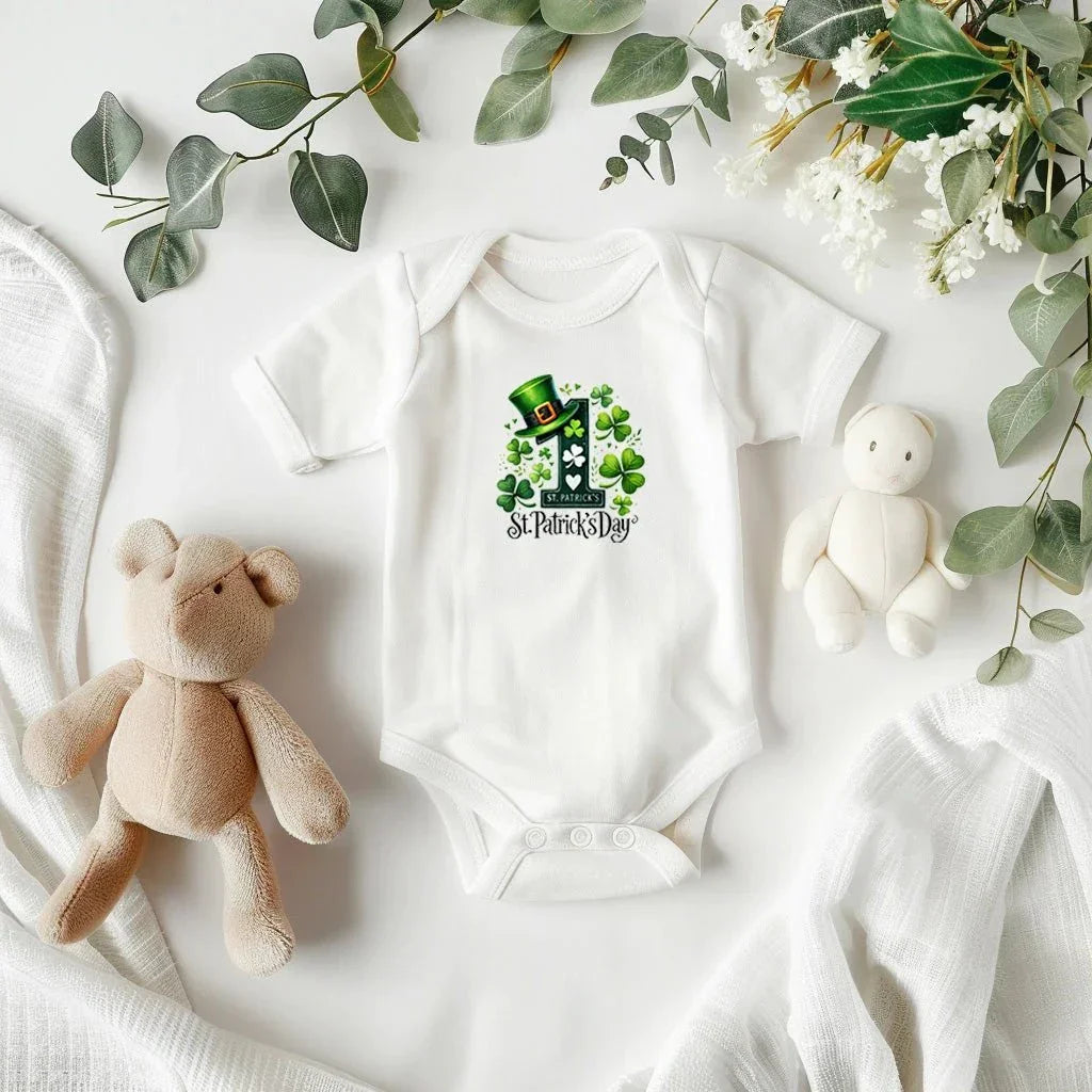 Lucky Clover First St. Patrick’s Day Baby Bodysuit – Cute Shamrock & Leprechaun Hat Onesie – Soft Cotton Infant Romper – Newborn Irish Holiday Outfit