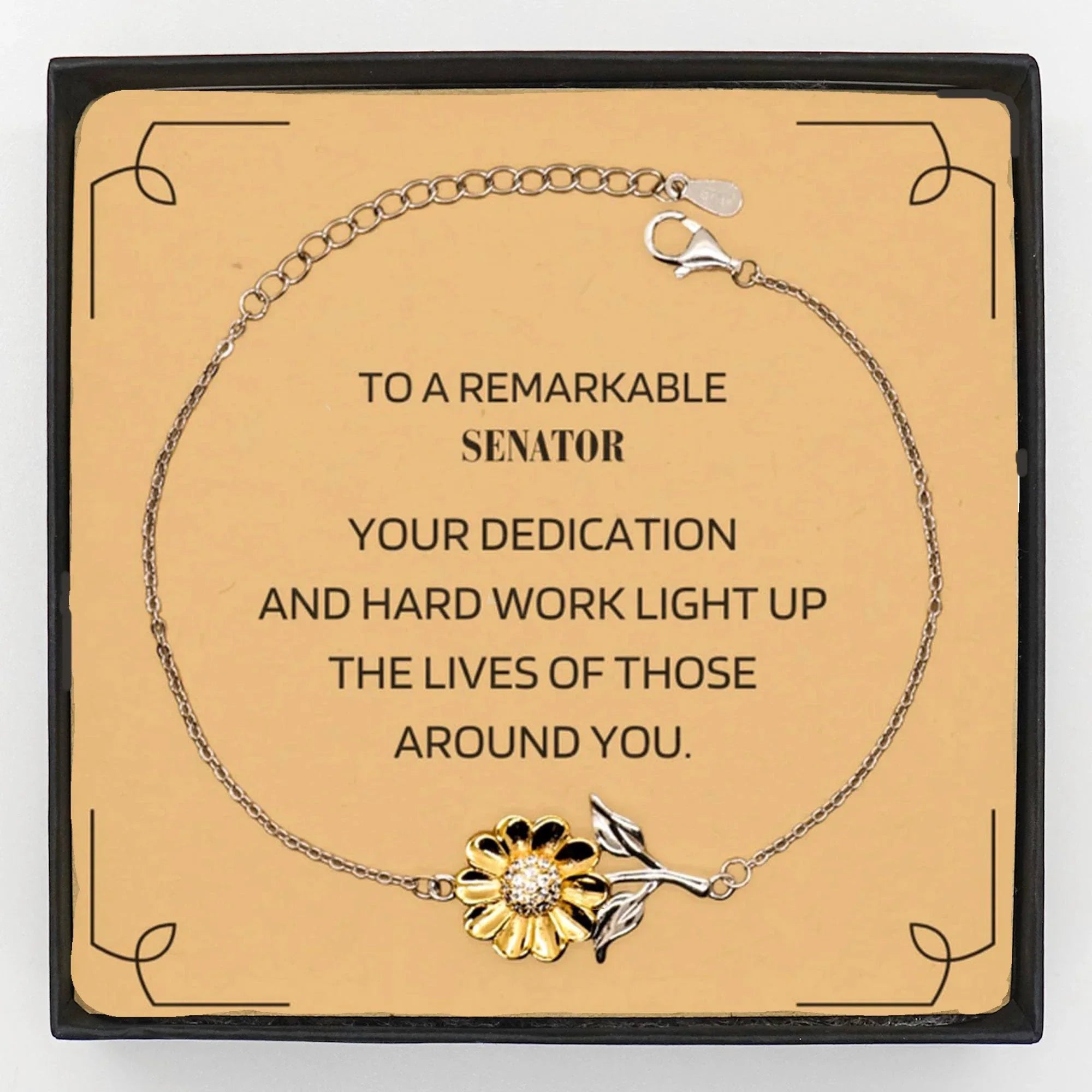 Senator Sunflower Bracelet – Sterling Silver & 18k Gold-Plated Pendant with Gift Box & Message Card – Thoughtful Appreciation Gift for Women in Public Service