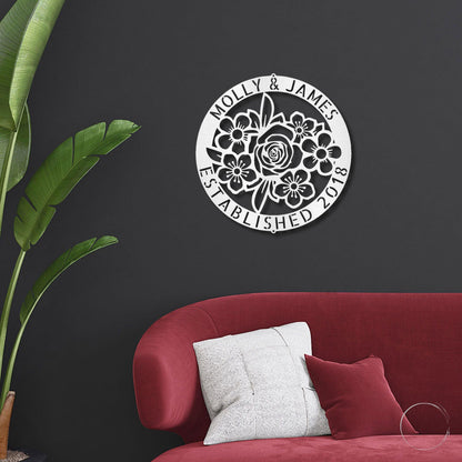 Floral Ring Monogram Personalized Metal Art Wall Sign - Mallard Moon Gift Shop