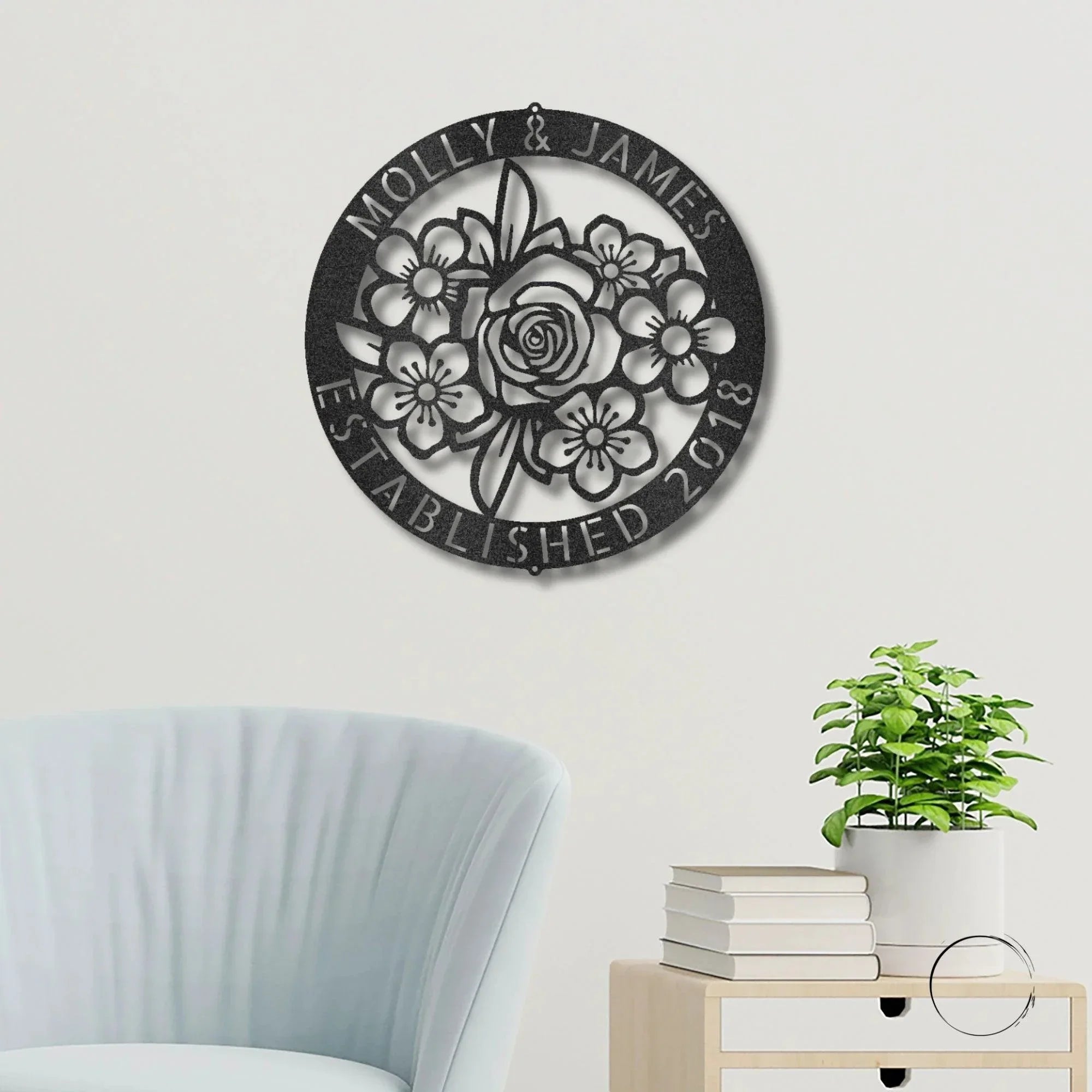 Floral Ring Monogram Personalized Metal Art Wall Sign