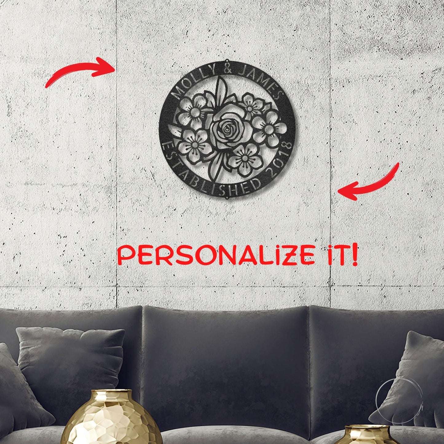 Floral Ring Monogram Personalized Metal Art Wall Sign - Mallard Moon Gift Shop