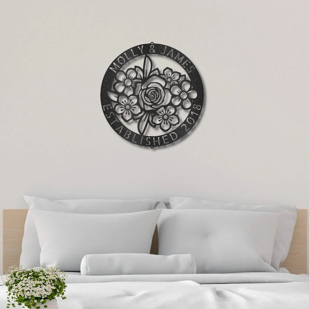Floral Ring Monogram Personalized Metal Art Wall Sign