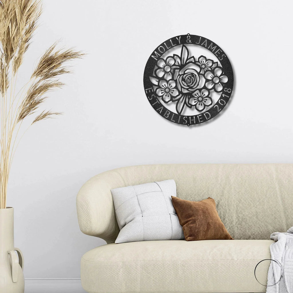 Floral Ring Monogram Personalized Metal Art Wall Sign