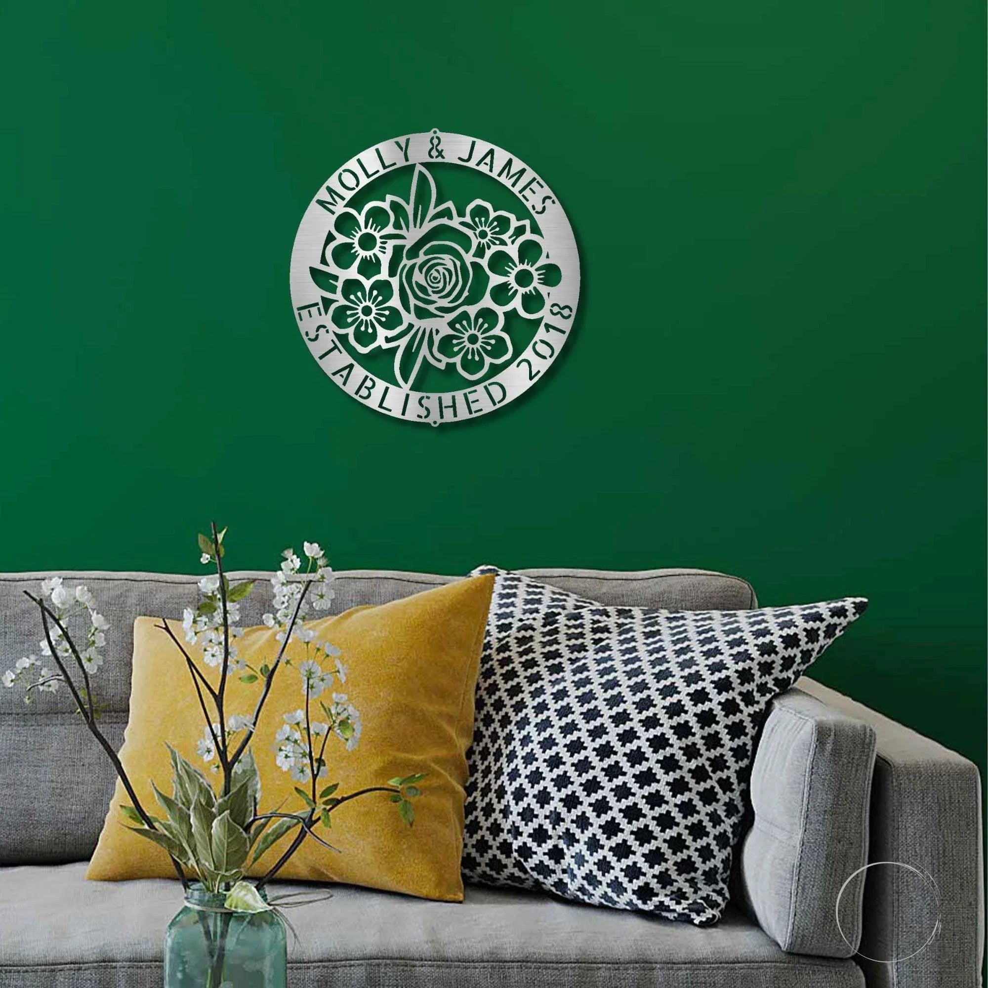 Floral Ring Monogram Personalized Metal Art Wall Sign