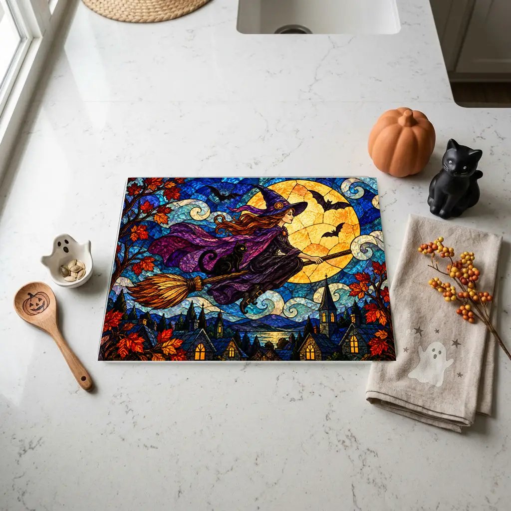 Halloween Flying Witch Personalized Glass Cutting Board, Spooky Pumpkin Kitchen Decor