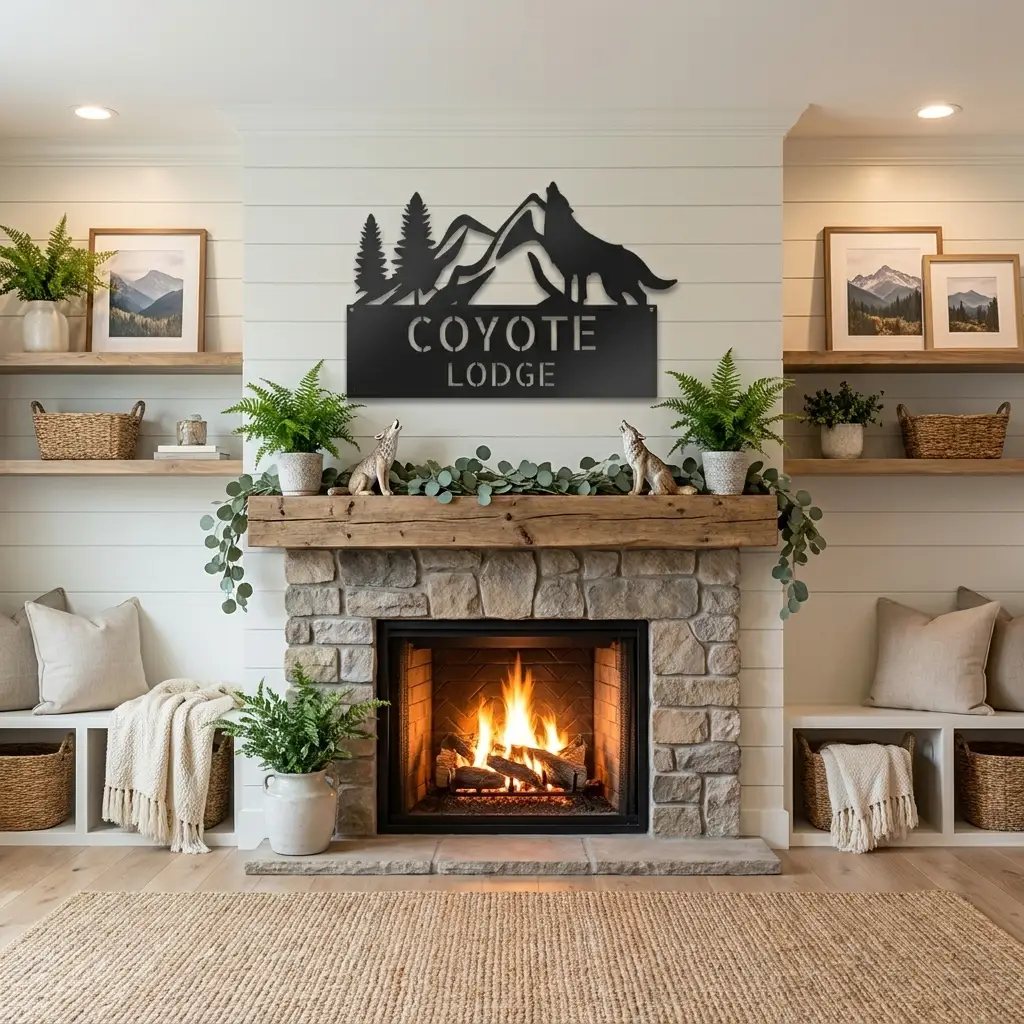Coyote and Mountains Custom Name Metal Wall Sign