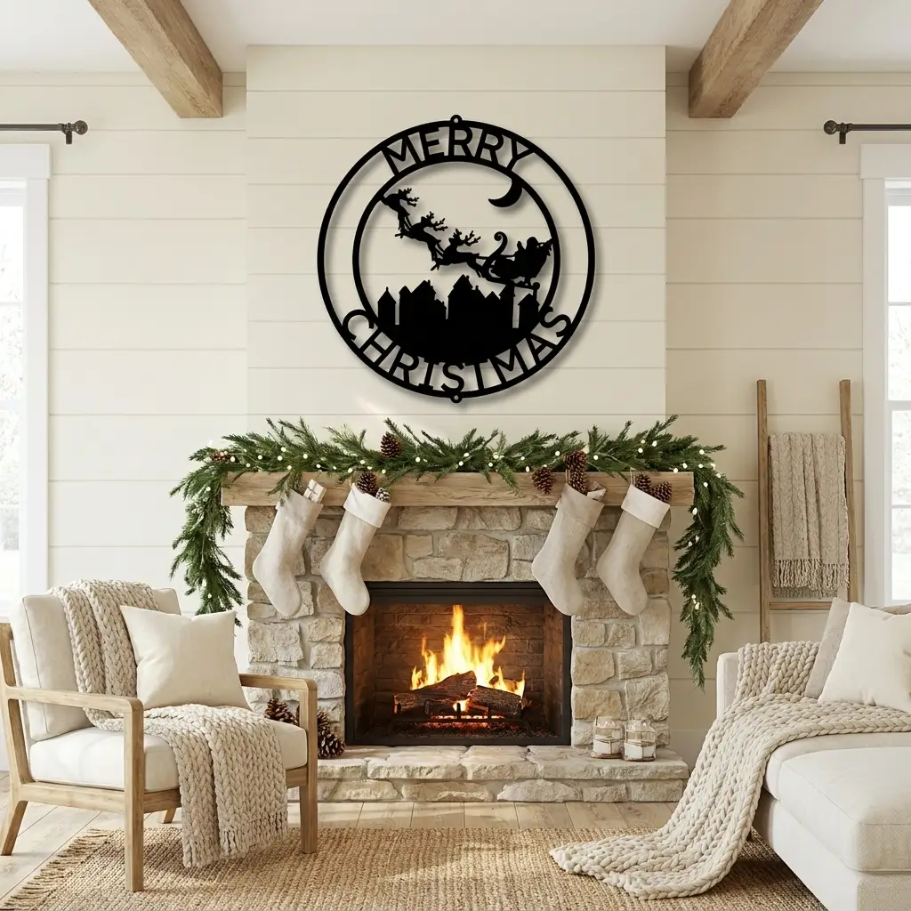 Santa Sleigh & Flying Reindeer Personalized Metal Wall Art | Custom Christmas Family Name Sign | Holiday Metal Wall Decor | Winter Village Christmas Sign | Made in USA