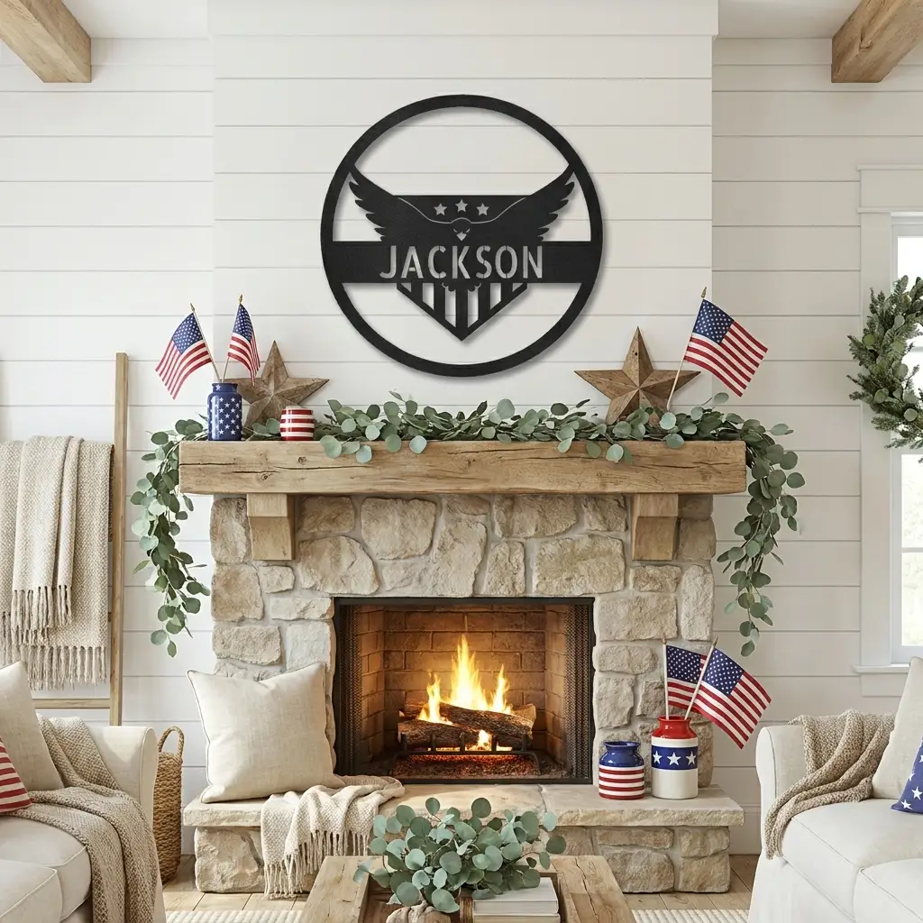Personalized Patriotic Eagle Metal Wall Art | Custom American Eagle Family Name Sign | USA Flag Metal Decor | Veteran Gift | Made in USAPatriotic Eagle Monogram Personalized Indoor Outdoor Steel Wall Sign Art