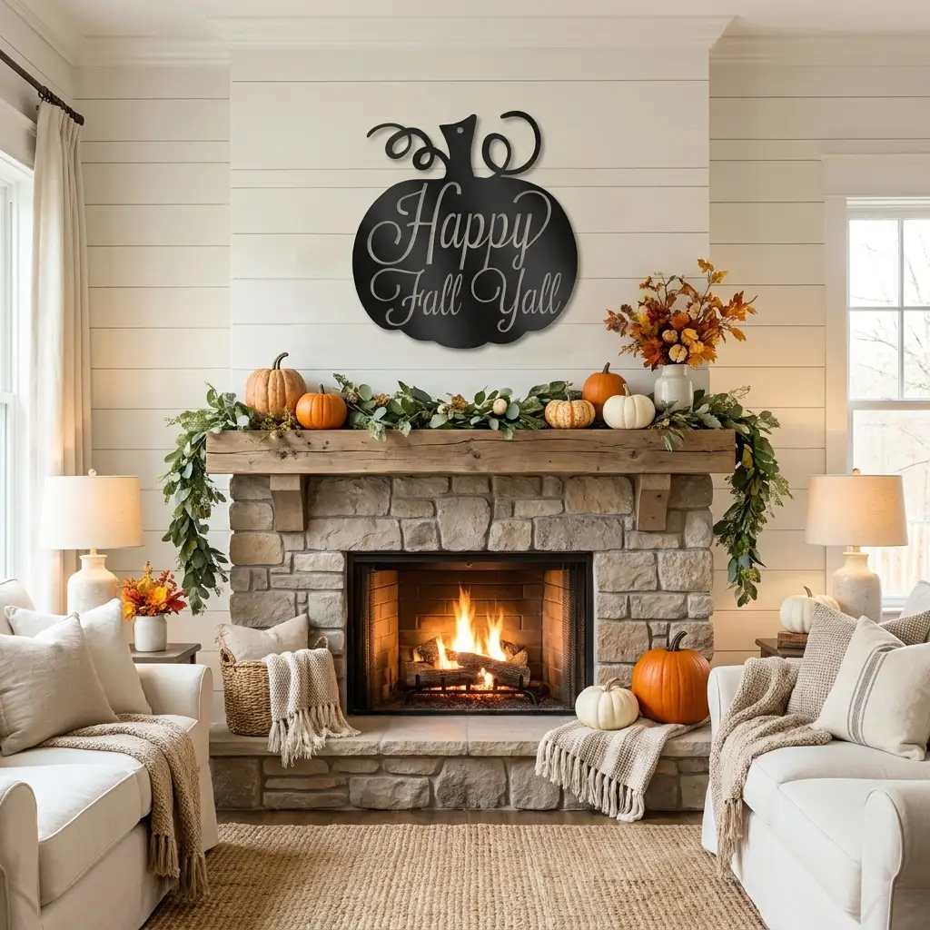 Happy Fall Y'all Pumpkin Metal Wall Art | Autumn Pumpkin Wall Decor | Rustic Farmhouse Fall Sign | Thanksgiving Porch & Entryway Decor | Seasonal Metal Wall Hanging | Made in USA