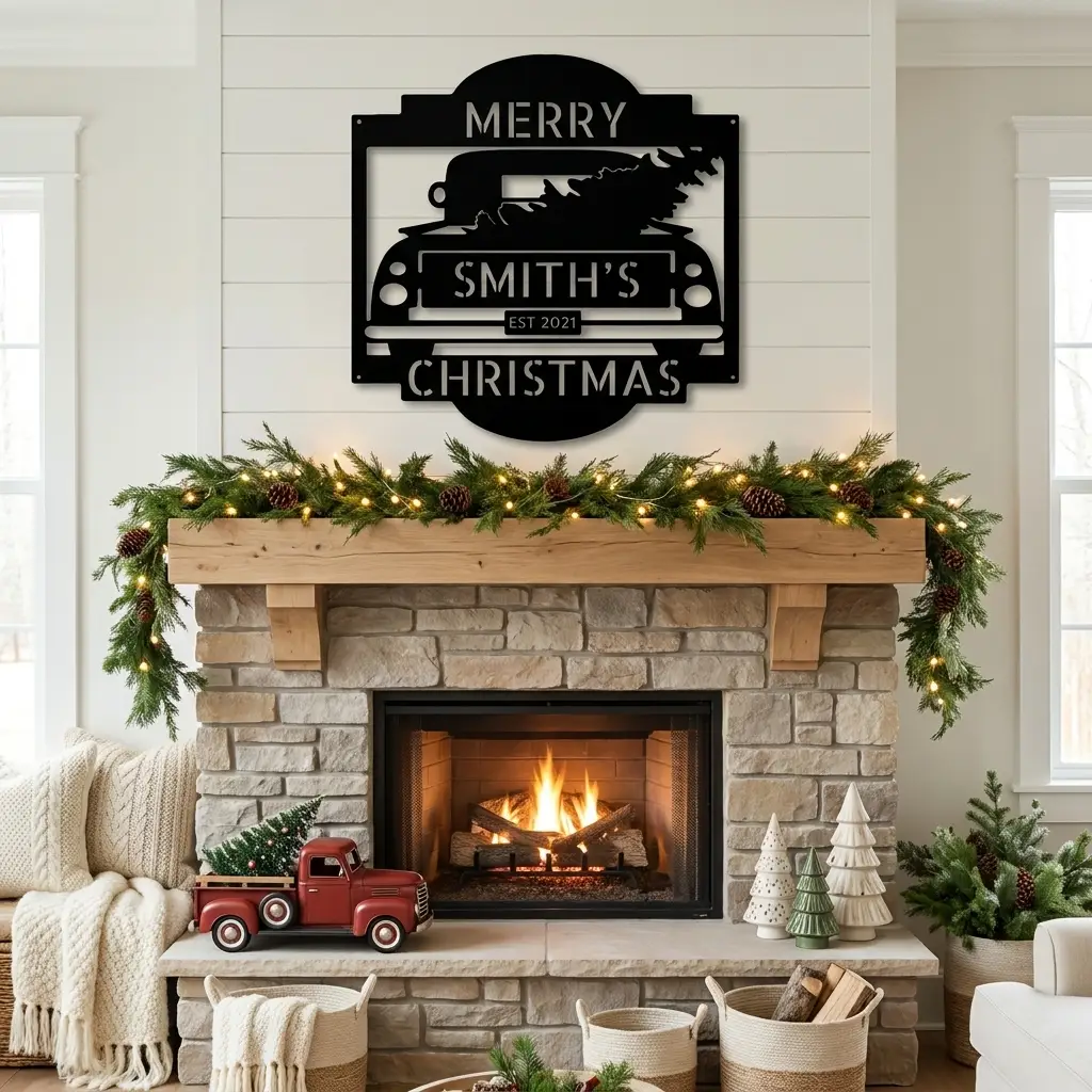 Christmas Truck Personalized Metal Wall Sign | Custom Family Holiday Wall Art | Vintage Truck Christmas Decor | Personalized Name & Year Metal Sign | Made in USA