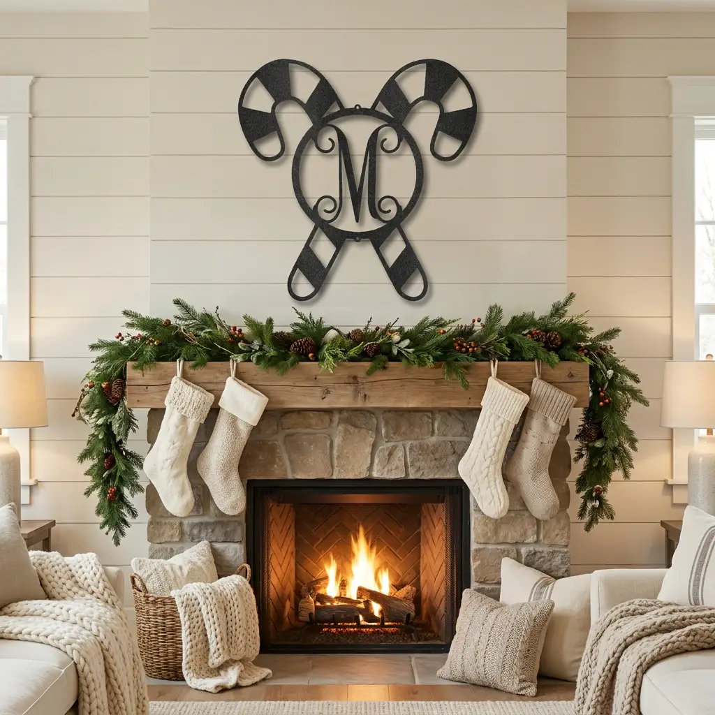 Personalized Candy Cane Monogram Metal Wall Art – Custom Initial Christmas Sign – Holiday Steel Décor (5 Sizes, 5 Colors)