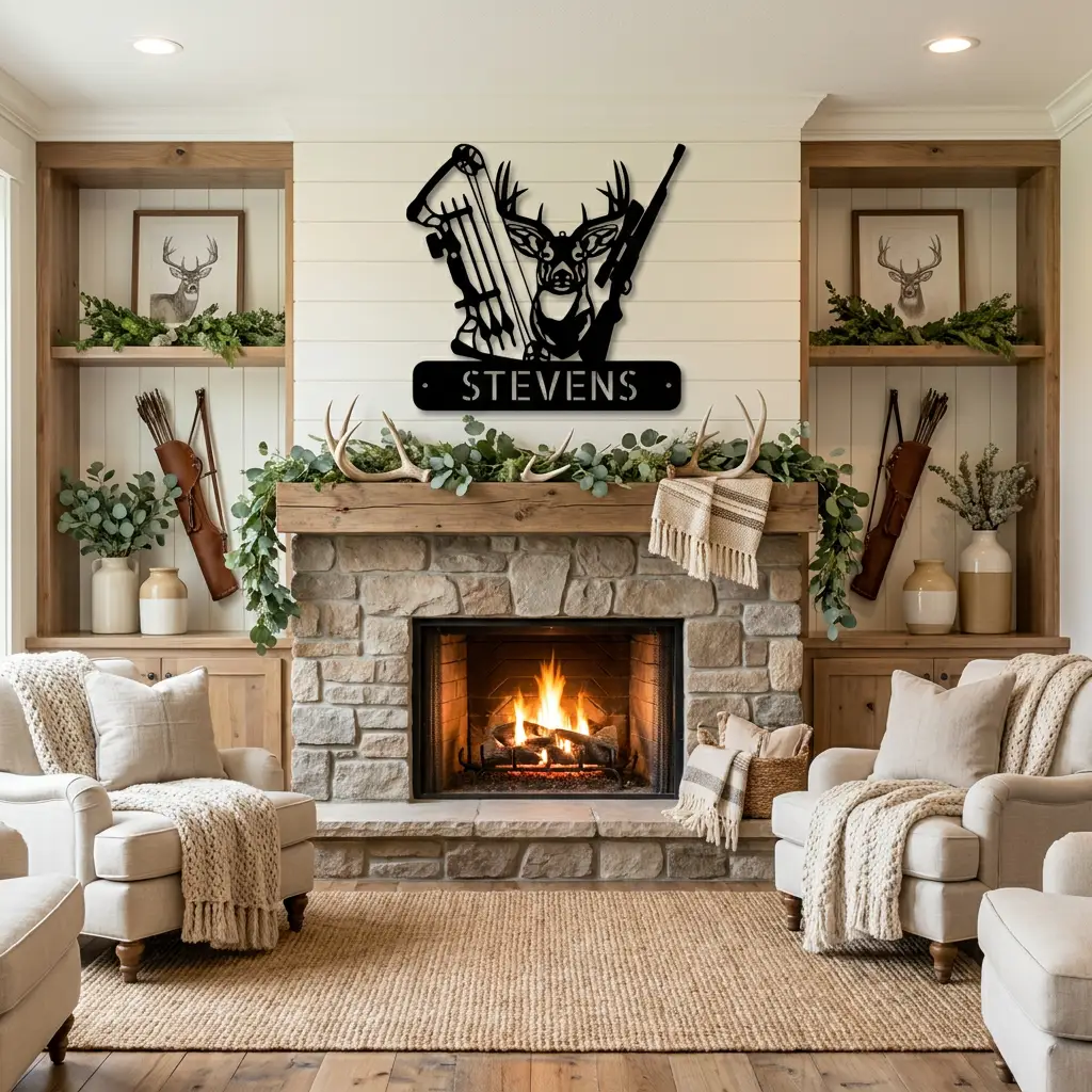Personalized Deer Hunting Metal Wall Art Custom Hunter Name Sign Buck Head Bow Rifle Decor Rustic Cabin Hunting Gift Outdoor Wall Decor