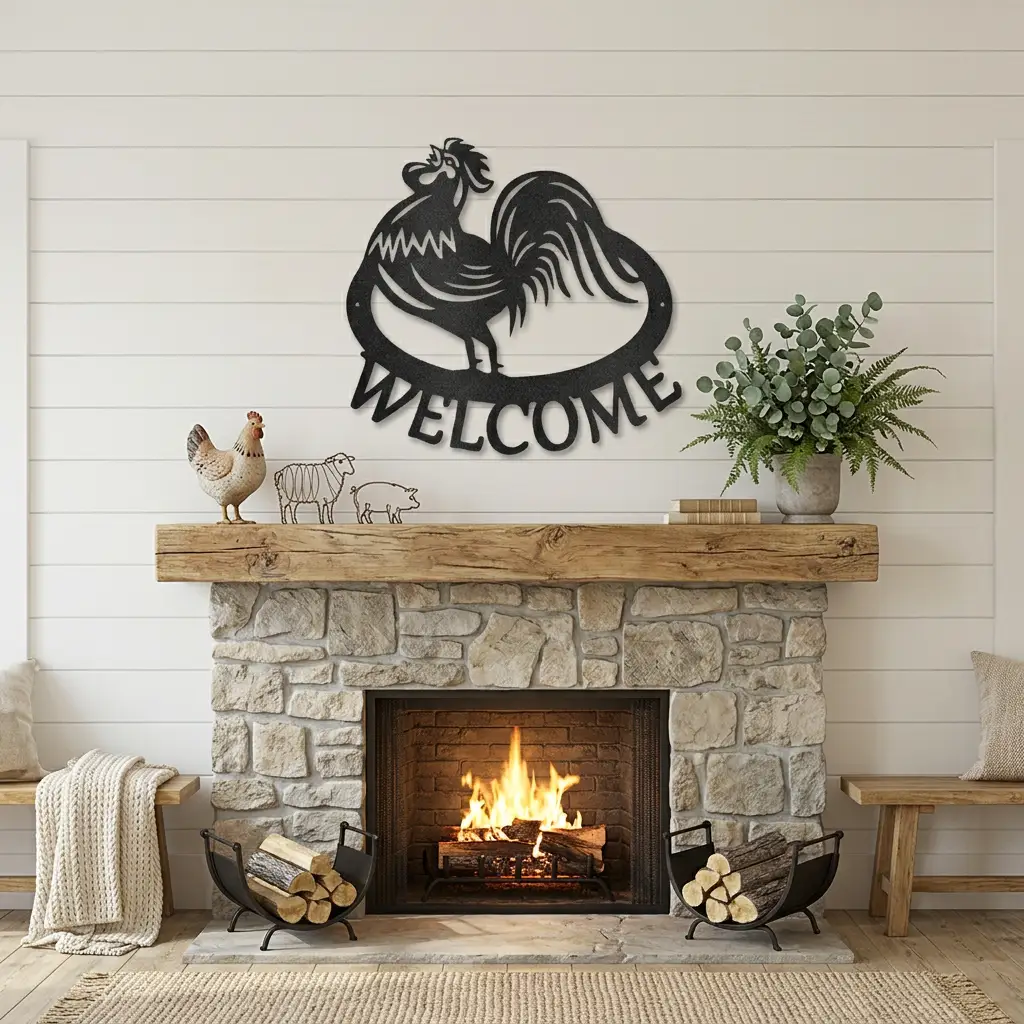Personalized Rooster Welcome Metal Sign | Custom Farmhouse Wall Art | Rustic Chicken Coop & Country Porch Decor | Custom Family Name Sign | Made in USA