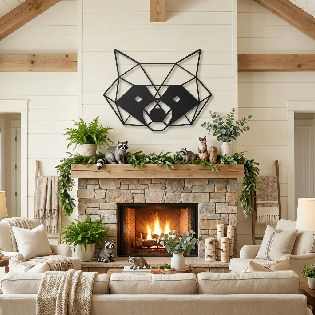 Geometric Raccoon Metal Wall Art – Modern Wildlife Steel Sign, Rustic Cabin Decor, Forest Animal Wall Hanging, Laser Cut Metal Art 12"–36"