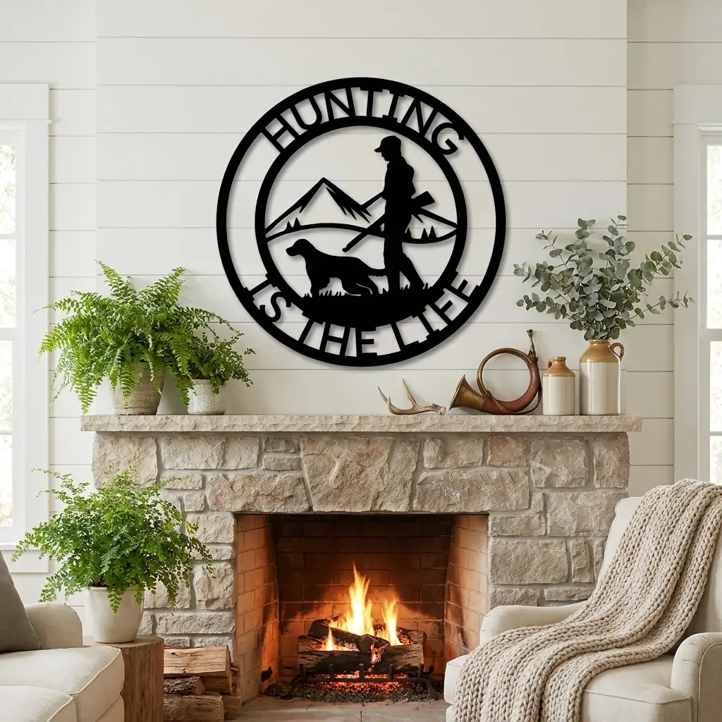 Personalized Hunter Metal Wall Art | Custom Hunting Sign with Hunter & Dog Scene | Mountain Hunting Decor | Personalized Cabin Sign | Rustic Outdoor Wall Art | Custom Name Sign