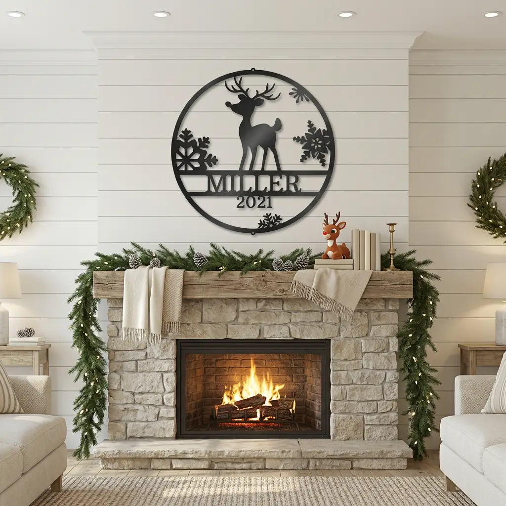 Rudolph Reindeer Christmas Personalized Metal Sign | Custom Family Name & Year Holiday Wall Art | Reindeer Snowflake Metal Decor | Christmas Gift for Family
