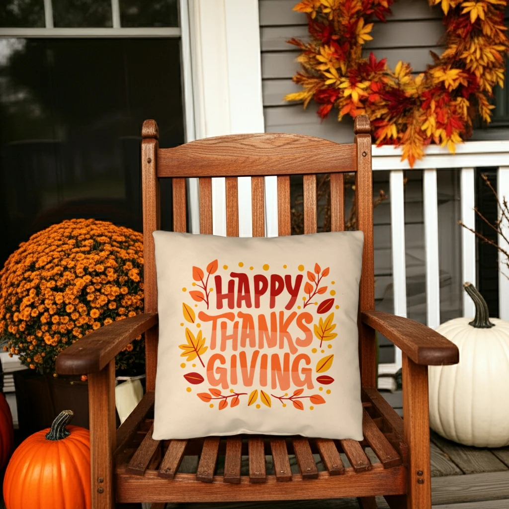 Happy Thanksgiving Throw Pillow – Indoor/Outdoor Fall Accent Cushion – Available in 3 Sizes
