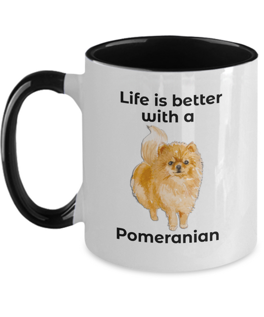 Pomeranian Dog two tone coffee mug - Life is Better - Mallard Moon Gift Shop