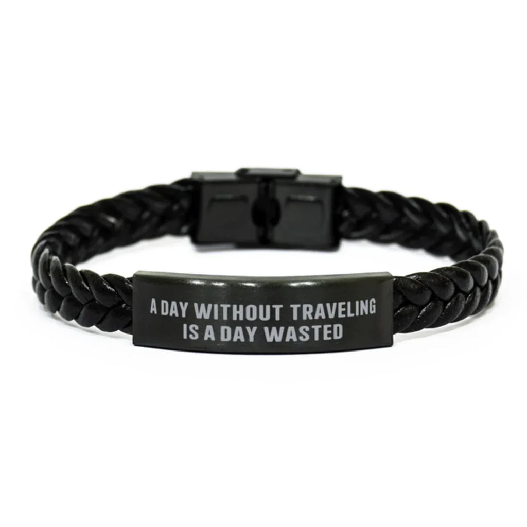 Traveler's Leather Bracelet - "A Day Without Traveling Is a Day Wasted" - Adventure-Inspired Braided Leather Wristband - Stylish Travel Gift for Explorers, Globetrotters & Wanderlust Lovers
