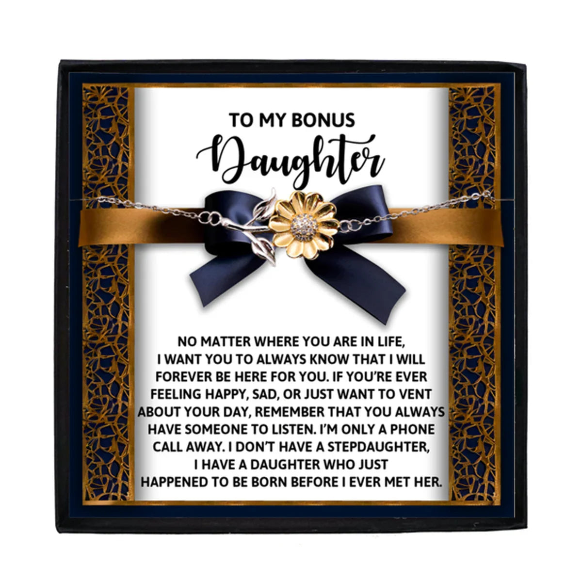 Sunflower Bracelet for Bonus Daughter – 925 Sterling Silver with 18K Gold-Plated Petals – Adjustable Chain, Meaningful Jewelry Gift from Stepparent – Includes Heartfelt Message Card