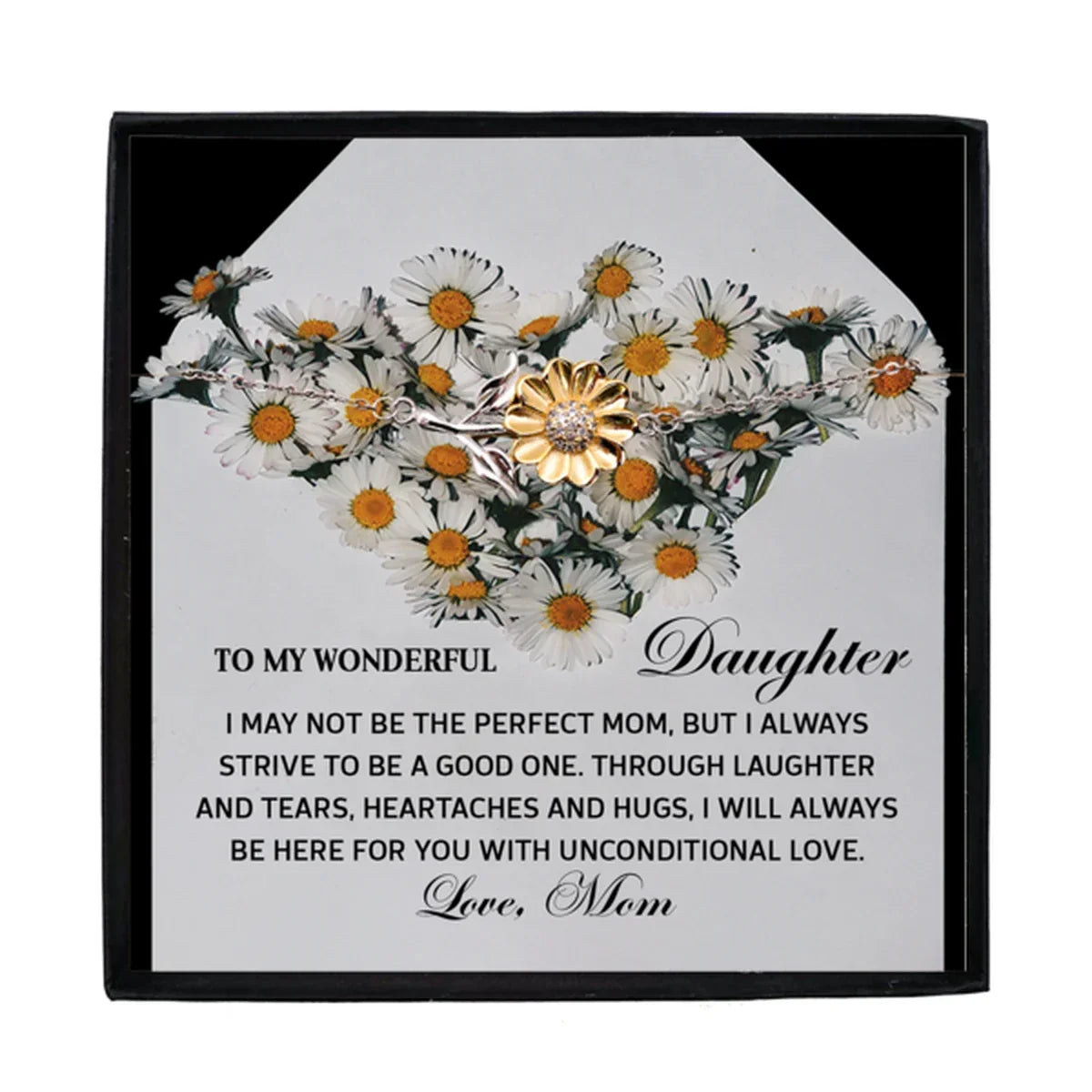 Daughter Sunflower Bracelet Sterling Silver with 18K Gold-Plated Petals – Sentimental Birthday Graduation Christmas Jewelry Gift from Mom Unconditional Love Heartfelt Message Card