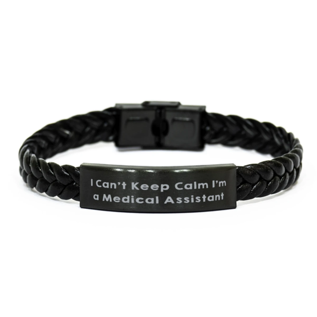 Medical Assistant Bracelet – “I Can’t Keep Calm I’m a Medical Assistant” Engraved Stainless Steel Plate – Braided PU Leather Wristband Gift for Healthcare Workers, Nurses & Hospital Staff