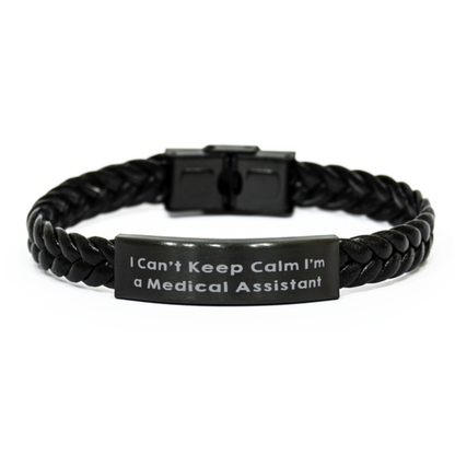 Medical Assistant Bracelet – “I Can’t Keep Calm I’m a Medical Assistant” Engraved Stainless Steel Plate – Braided PU Leather Wristband Gift for Healthcare Workers, Nurses & Hospital Staff