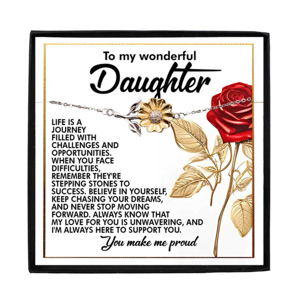 To My Wonderful Daughter – You Make Me Proud – Motivational Sunflower Bracelet Gift with Message of Love and Support