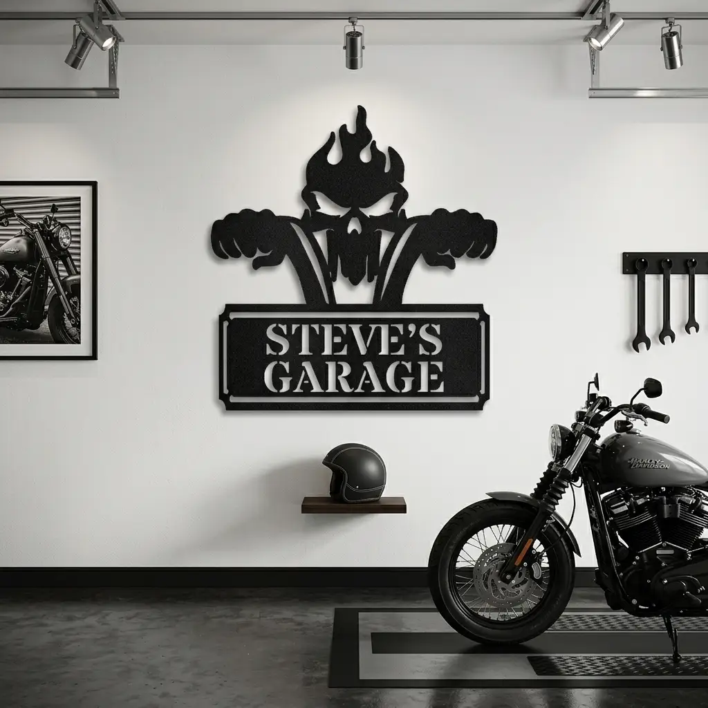 Personalized Motorcycle Biker Metal Wall Art | Custom Garage Name Sign