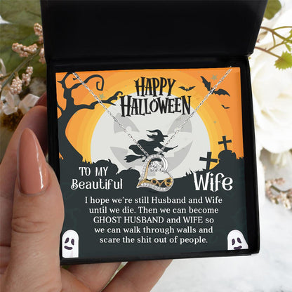 Wife Happy Halloween - Ghost Husband and Wife - Love Dancing Heart Necklace - Mallard Moon Gift Shop