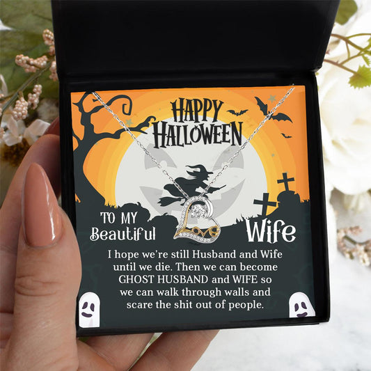 Wife Happy Halloween - Ghost Husband and Wife - Love Dancing Heart Necklace - Mallard Moon Gift Shop
