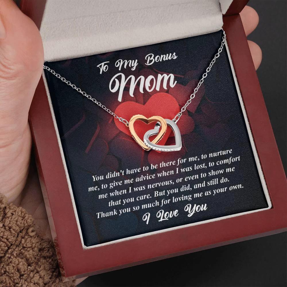 Gift for Bonus Mom -Thank You for Loving Me as Your Own Interlocking Hearts Pendant Necklace