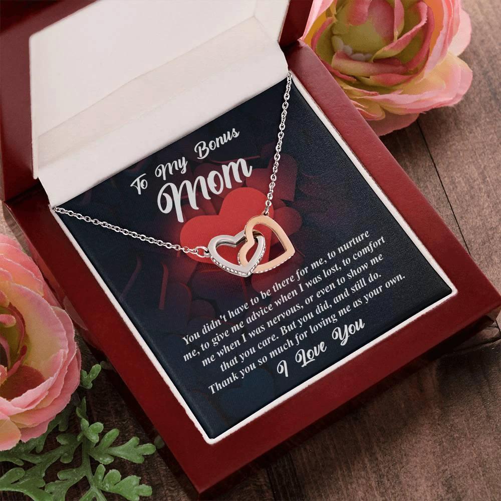 Gift for Bonus Mom -Thank You for Loving Me as Your Own Interlocking Hearts Pendant Necklace