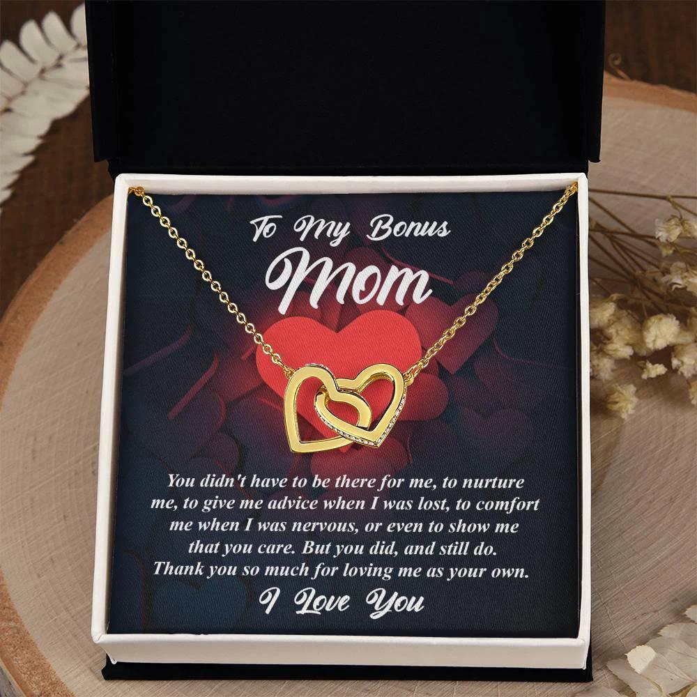 Gift for Bonus Mom -Thank You for Loving Me as Your Own Interlocking Hearts Pendant Necklace