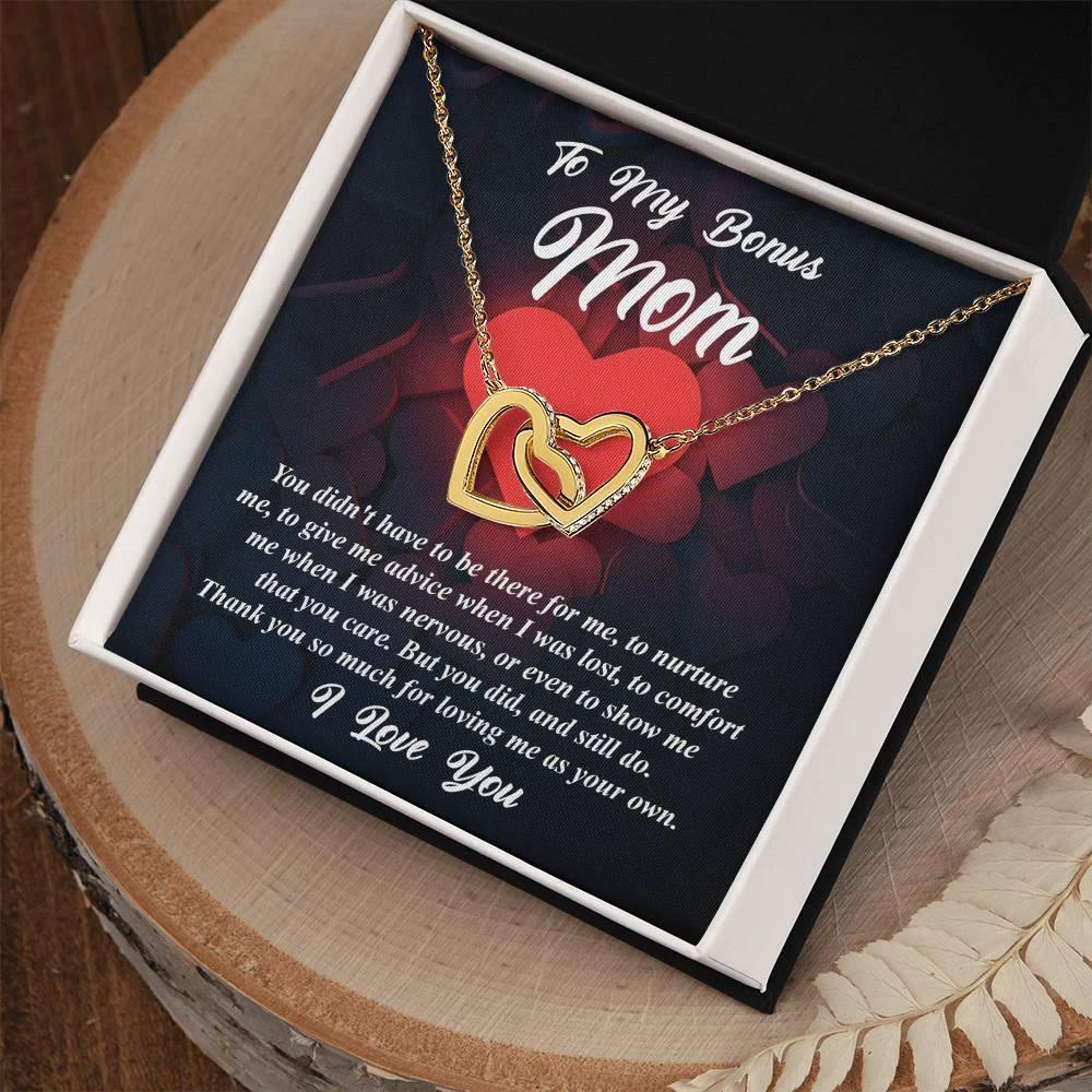 Gift for Bonus Mom -Thank You for Loving Me as Your Own Interlocking Hearts Pendant Necklace