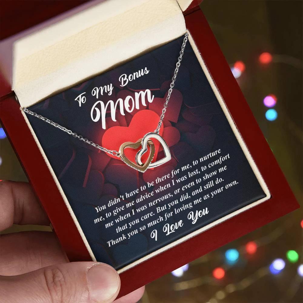 Gift for Bonus Mom -Thank You for Loving Me as Your Own Interlocking Hearts Pendant Necklace