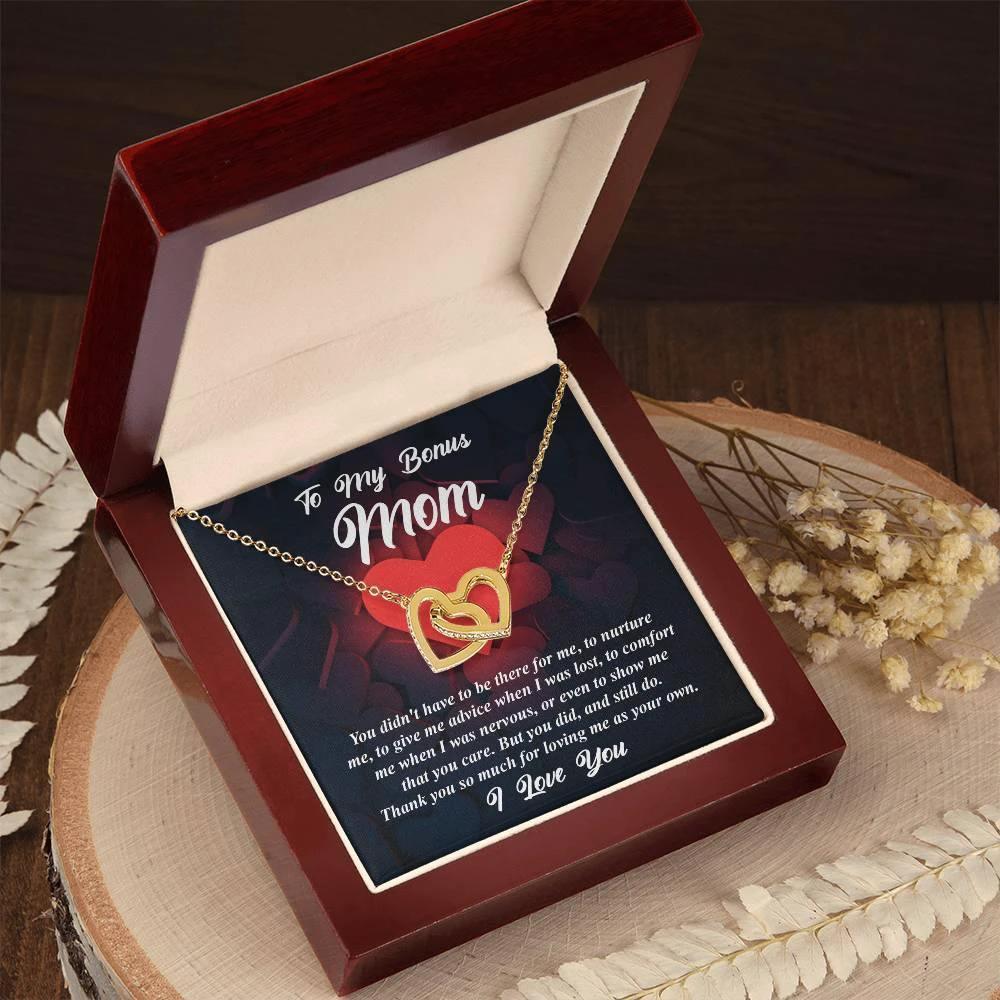 Gift for Bonus Mom -Thank You for Loving Me as Your Own Interlocking Hearts Pendant Necklace