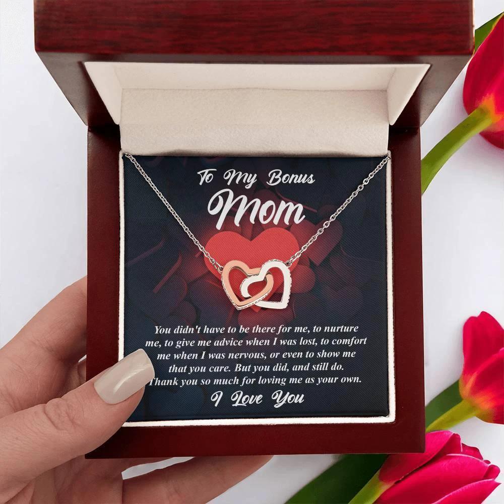 Gift for Bonus Mom -Thank You for Loving Me as Your Own Interlocking Hearts Pendant Necklace