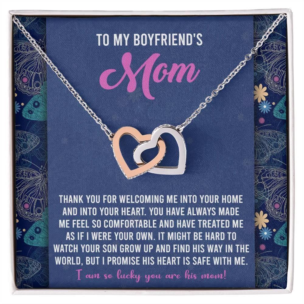 Gift for Boyfriend's Mom Interlocking Hearts Necklace with Heartfelt Message Card I Promise He is Safe with Me
