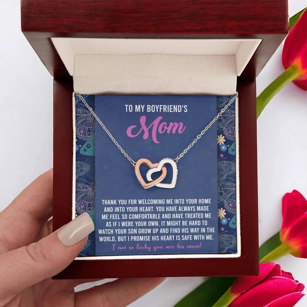 Gift for Boyfriend's Mom Interlocking Hearts Necklace with Heartfelt Message Card I Promise He is Safe with Me