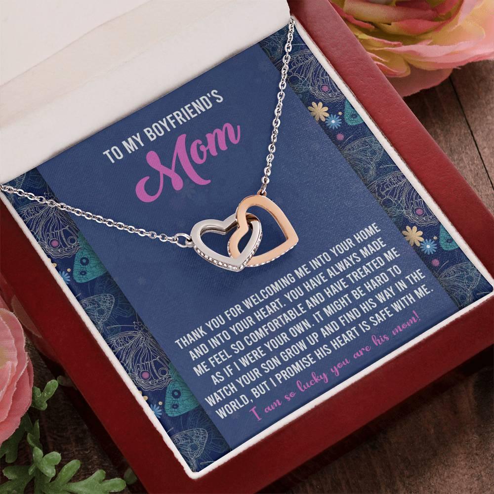 Gift for Boyfriend's Mom Interlocking Hearts Necklace with Heartfelt Message Card I Promise He is Safe with Me - Mallard Moon Gift Shop