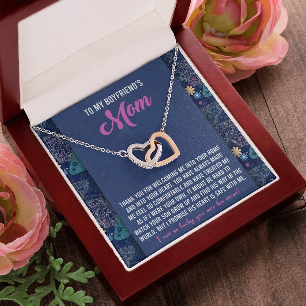 Gift for Boyfriend's Mom Interlocking Hearts Necklace with Heartfelt Message Card I Promise He is Safe with Me