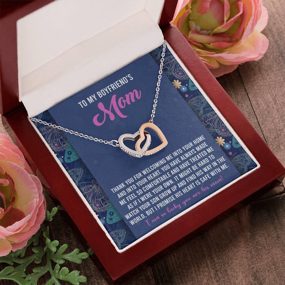 Gift for Boyfriend's Mom Interlocking Hearts Necklace with Heartfelt Message Card I Promise He is Safe with Me - Mallard Moon Gift Shop