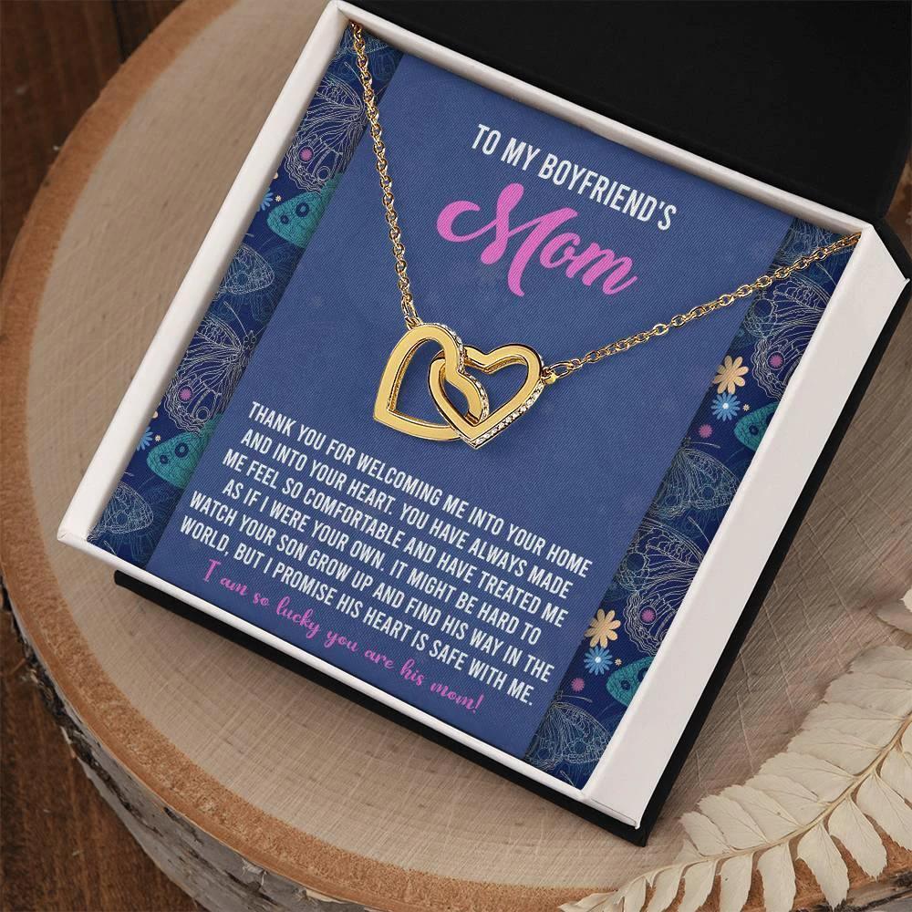 Gift for Boyfriend's Mom Interlocking Hearts Necklace with Heartfelt Message Card I Promise He is Safe with Me
