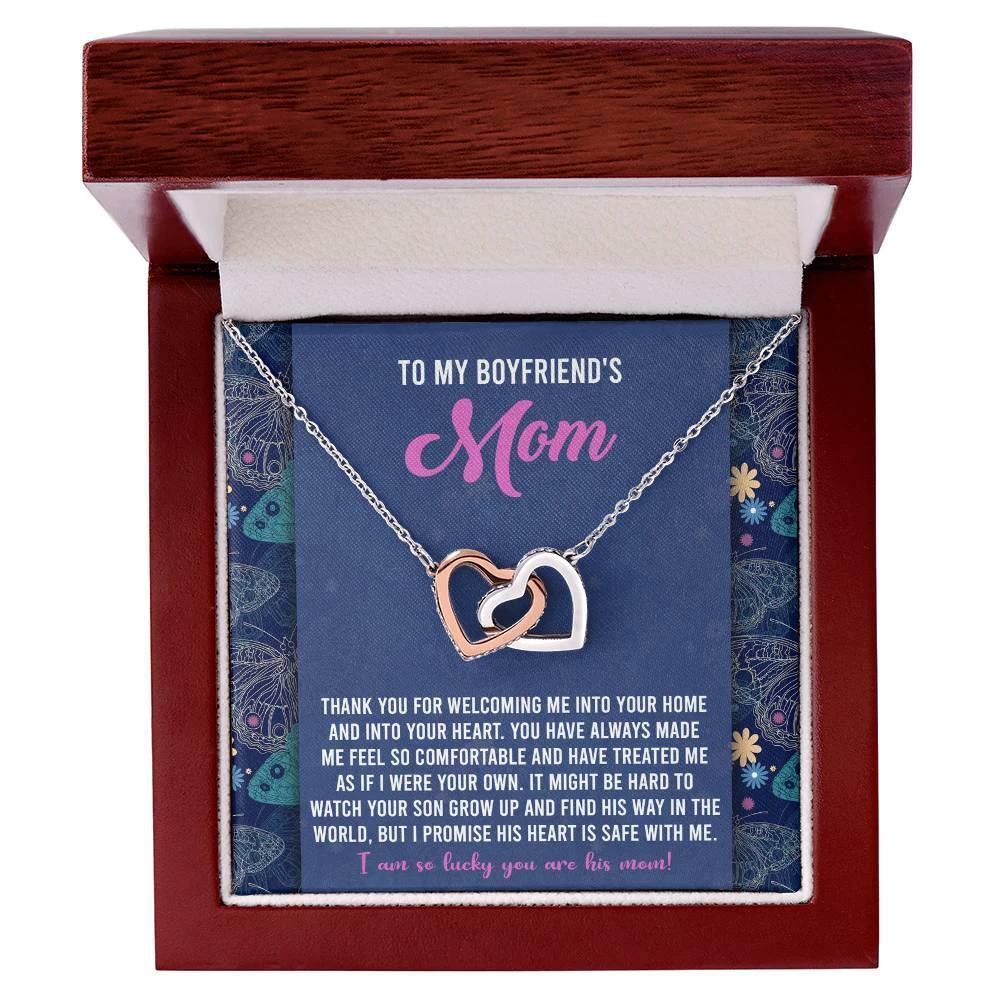 Gift for Boyfriend's Mom Interlocking Hearts Necklace with Heartfelt Message Card I Promise He is Safe with Me