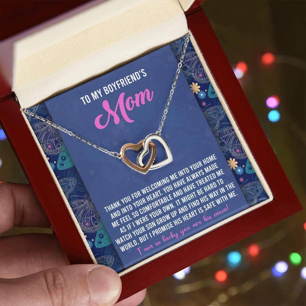 Gift for Boyfriend's Mom Interlocking Hearts Necklace with Heartfelt Message Card I Promise He is Safe with Me