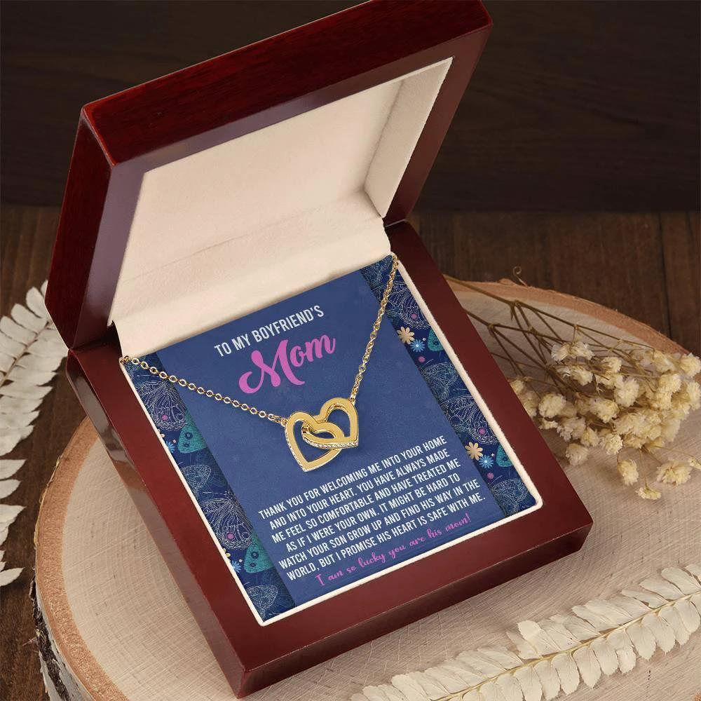 Gift for Boyfriend's Mom Interlocking Hearts Necklace with Heartfelt Message Card I Promise He is Safe with Me