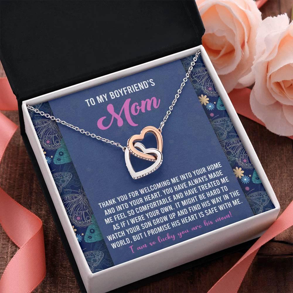 Gift for Boyfriend's Mom Interlocking Hearts Necklace with Heartfelt Message Card I Promise He is Safe with Me