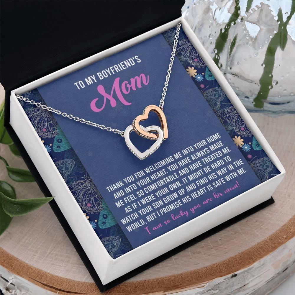 Gift for Boyfriend's Mom Interlocking Hearts Necklace with Heartfelt Message Card I Promise He is Safe with Me