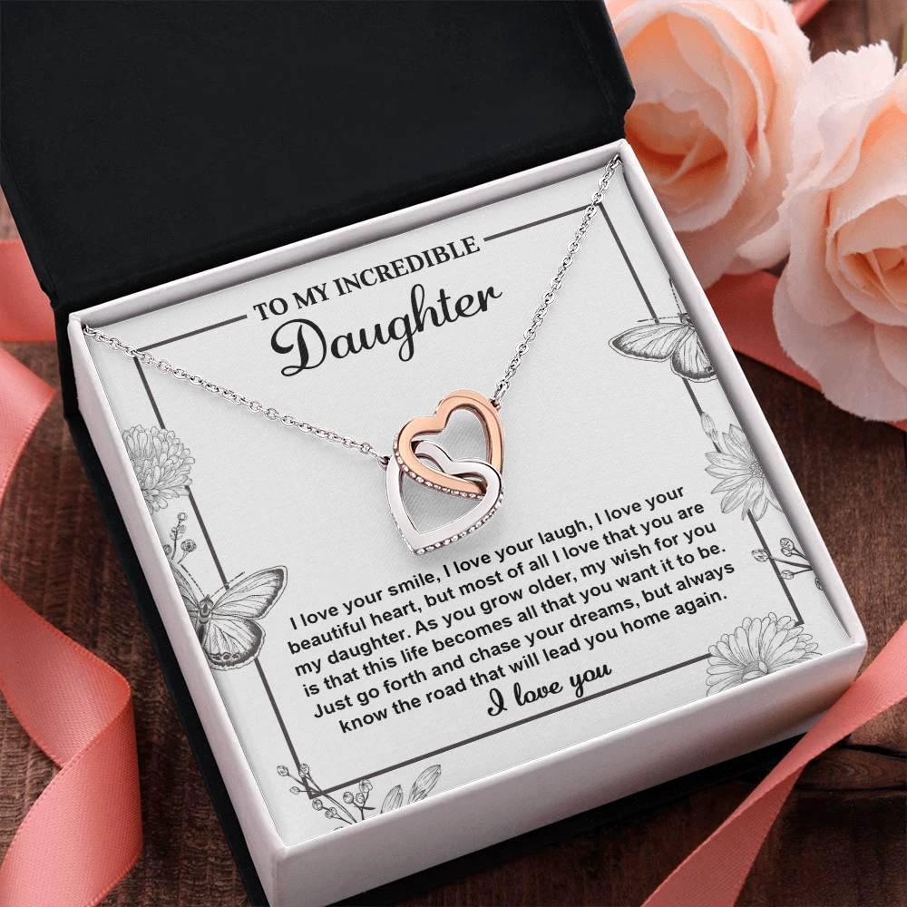 Gift for Daughter with Inspirational Message -I Love Your Smile - Lead You Home Interlocking Hearts Necklace